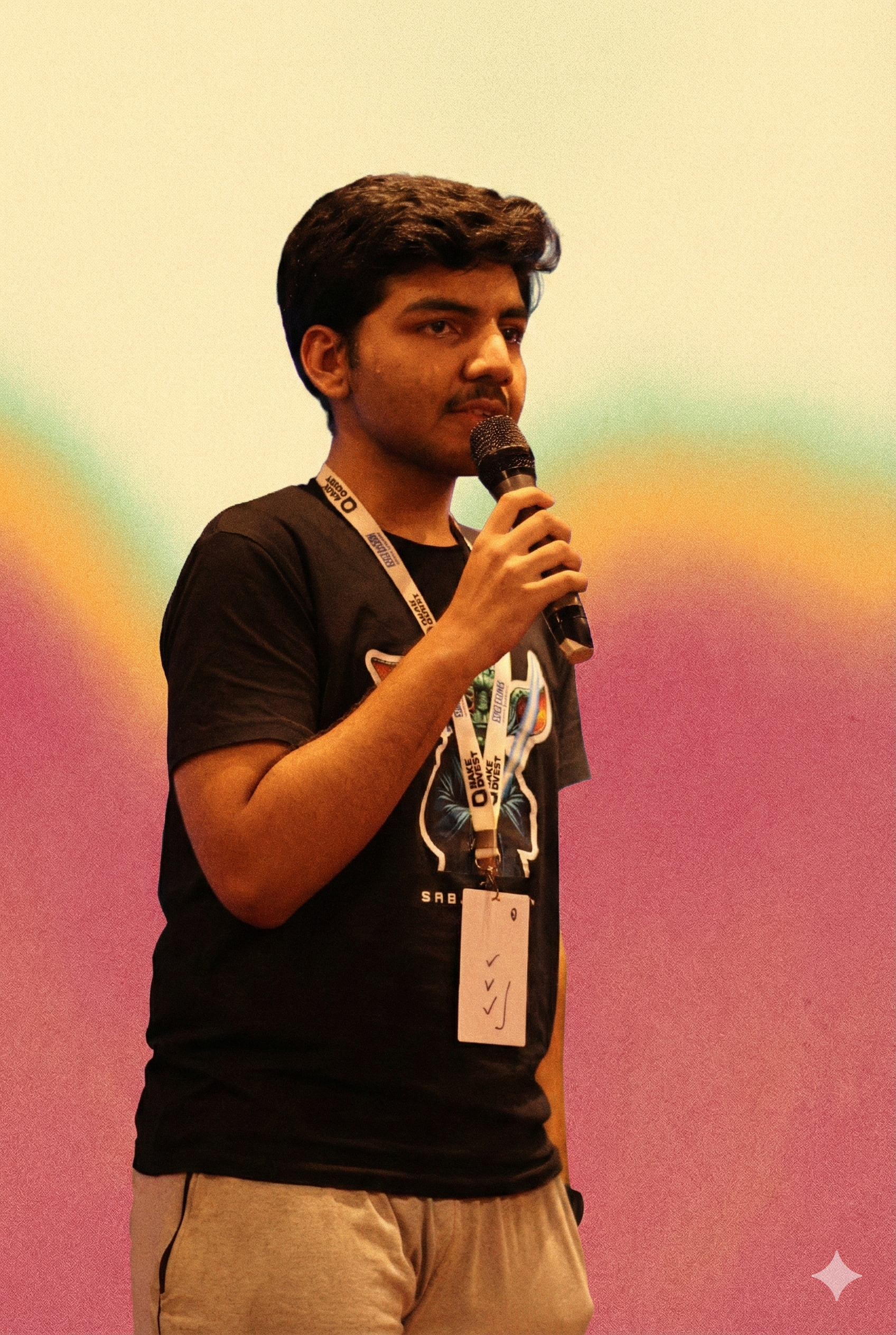 Sachindra speaking at a conference